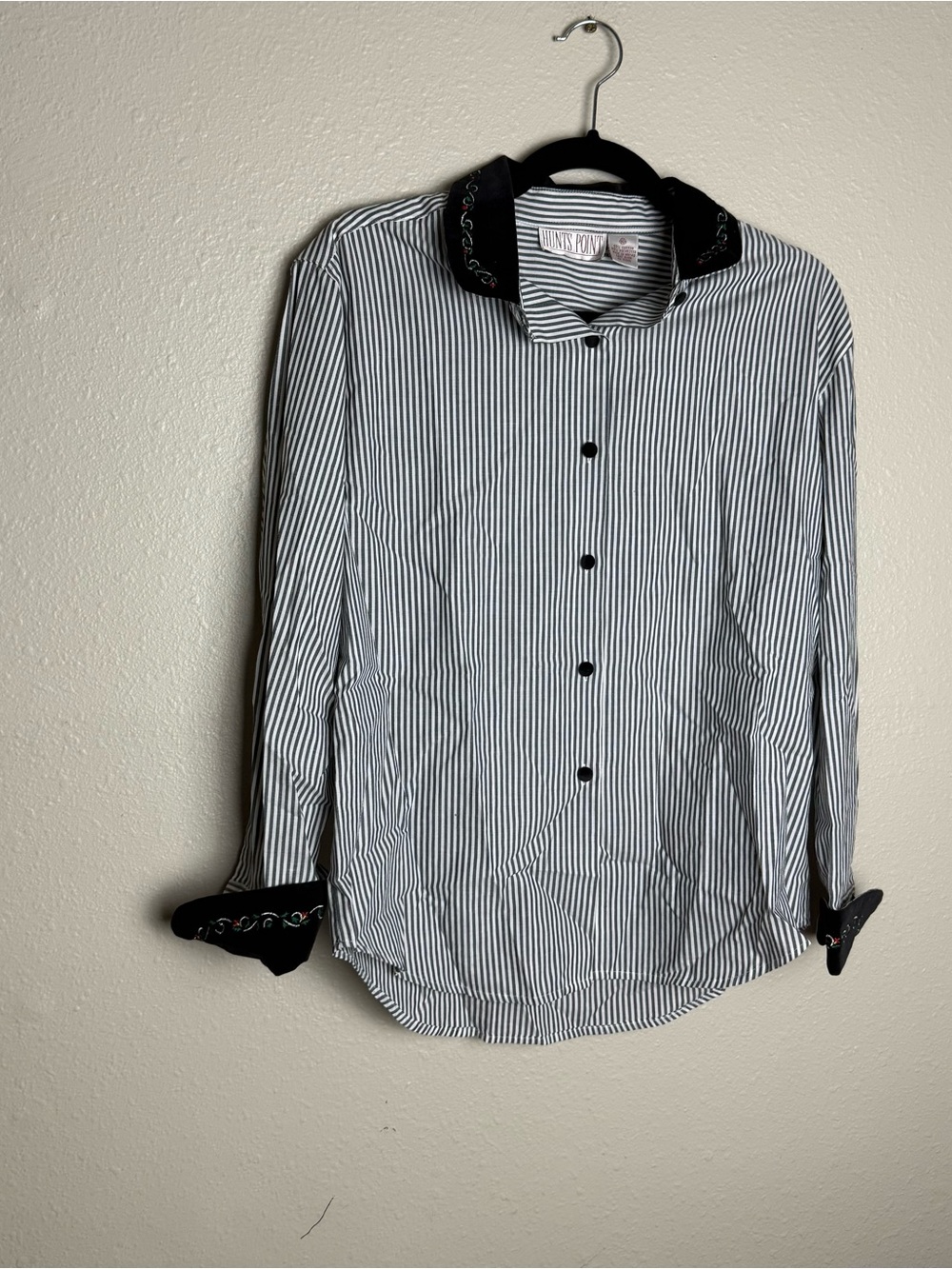 Vintage Black & White Striped Button-Down Shirt with floral Contrast Collar